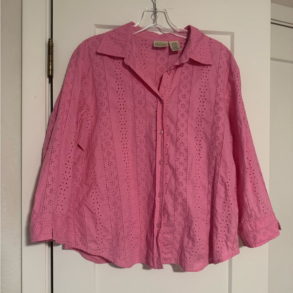 Pink button-up blouse with eyelet detailing